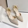 Zapatos de Tacón Alto de Punta Talla Grande Transfronterizos 2025 Nuevo Estilo Hada Hebilla de Perlas con Boca Baja Lentejuelas Moda Stiletto Zapatos de Mujer