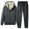 Conjunto de sudadera con cárdigan de lana de cordero para hombres de mediana edad y mayores, sudadera con capucha casual de forro polar engrosado para otoño e invierno
