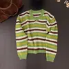 ¡Muy recomendado para uso personal! Suéter de punto calado con cuello en V y mangas largas, a rayas de bloques de color estilo coreano para mujer, perfecto para otoño, ofreciendo un look juvenil y suave.