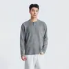 También, Camiseta de Manga Larga con Textura de Rayas en Cuello Polo para Hombre Otoño Corte Holgado Hombro Caído Versátil Casual Camiseta Básica