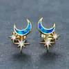 Brincos Vintage de Opala Azul Estrelada com Estrela e Lua, Estrela Exquisita de Oito Pontas com Diamantes, Brincos de Nicho Estilo Francês