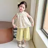 Nuevo Conjunto de Moda Nacional Estilo Chino para Niñas, Nueva Ropa Infantil Verano 2026, Conjunto de Dos Piezas Elegante con Pantalones Anchos para Bebé, Moderno