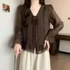 Camisa de encaje de manga larga con cuello en V, suave y dulce, para mujer, nuevo estilo otoño 2026, diseño tie-dye, top fino