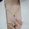 Collar, pendientes, pulsera y anillo de acero inoxidable para mujer, estilo retro francés, con circonitas verdes