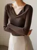 Suéter de punto gris con cuello en V estilo francés para mujer, colección de otoño, elegante y ajustado, perfecto como capa interior o base, top de suéter de lana