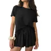 Amazon Conjunto de Pijama de 2 Piezas para Mujer Tejido de Canalé Manga Corta Conjunto de Shorts con Cordón 2026 Verano Ropa Casual para Mujer