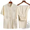 Conjunto de Verano para Hombres de Mediana Edad y Mayores, Camisa de Manga Corta Estilo Tang con Bordado, Conjunto Casual Estilo Chino para Ejercicio Matutino para Papá y Abuelo, Hanfu
