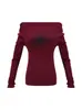 Camiseta de Manga Larga con Hombro Estilo Americano Spice Girl para Mujer Otoño Rojo Estampada Ajustada a la Cintura Camisa Base Top Chic