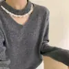 Suéter de punto con cuello de encaje patchwork suave estilo coreano de tela de terciopelo Andi para mujer, suéter suave de manga larga para otoño e invierno