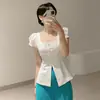 Talla Actualizada Blusa Cuadrada Chic Coreana Estilo Francés con Lazo en la Cintura Camisa de Botones Mangas Abullonadas para Mujer