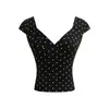 Atacado Europeu e Americano Verão 2026 Novo Três Cores Bolinhas Decote V Manga Curta Feminina Slim Fit Cintura Marcada Camiseta B2-A476 Preto