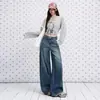 Jeans Azules Vintage Desgastados de Pierna Ancha para Mujer, Nuevo Estilo Otoño Temprano 2026, Adelgazantes, Casuales, con Efecto de Caída