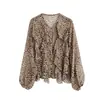 9/07 Nuevo Llegado de Otoño Estilo Europeo y Americano de Otoño Retro Estampado de Leopardo Elegante Chica Atractiva Fina Transparente Camisa de Manga Larga para Mujer F1319