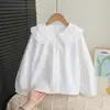 Camisa Blanca para Niñas de Comercio Exterior, Top de Encaje Nuevo Estilo para Primavera y Otoño, Modelo Princesa de Algodón Puro Estilo Coreano con Cuello de Muñeca para Niños