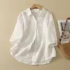 Chegada Nova de Verão Versátil Roupa Dopamina Gola V Algodão Linho Manga Curta Camisa Top Cardigã Lapela Casual Roupa Feminina