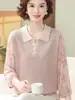 Ropa de Moda de Primavera para Mamás: Top de punto con cuello camisero y mangas transparentes, Camiseta fina de manga tres cuartos para mujeres de mediana edad y mayores