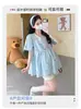 Ropa de Maternidad Conjunto de Verano con Top de Manga Corta con Lazo Bordado de Colores, Camisa Babydoll Casual Holgada Talla Grande, Conjunto de Dos Piezas de Verano