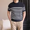 Camiseta de Punto de Manga Corta para Hombre, Verano Rayada de Seda Helada Estilo Old Money, Ropa Interior de Traje de Negocios de Alta Gama, Venta al por Mayor de Fábrica Transfronteriza