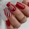 Manicura Roja Navideña de Color Puro Rayas de Caramelo Uñas Portables Copo de Nieve Uñas Postizas Parches para Uñas Cuadradas Cortas