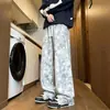 Calça de moletom americana retrô tie-dye com cordão, perna larga e caimento fluido, para homens e mulheres, calça esportiva reta casual versátil