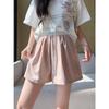 Shorts de Retazos en Bloques de Color Rosa para Mujer, Verano Delgado 2026 Nuevos de Cintura Alta Holgados Casuales Petite Pantalones de Pierna Ancha de Seda Hielo