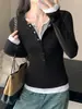 Camiseta Manga Longa Falsa Duas Peças Gola Henley Americana Feminina Outono Nova Slim Fit Camada Interna Base Camada Base Top Estilo Menina Picante