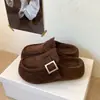 2026 Sandalias Mules de Cuero Retro con Suela Gruesa de Algodón para Invierno, Forradas de Felpa, Calientes y Cómodas, para Mujer, de Exterior, sin Cierre