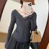 Camisa de Base Tricô Manga Longa Feminina, Gola V em Renda, Falso Duas Peças, Slim Fit, Novidade Outono/Inverno, High-End