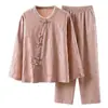 Ropa de casa para mujer de jacquard de algodón puro 2026 primavera/otoño nuevo estilo cuello mao abotonado manga larga pantalón largo transpirable cómodo pijama