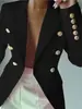 Nuevo blazer negro de estilo europeo y americano, corte entallado para mujer, con botones dorados de doble botonadura, de longitud media, adecuado para el lugar de trabajo y los desplazamientos, venta al por mayor de fábrica