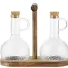 Garrafa de Óleo Espessa de Vidro Borossilicato Alto com Rolha de Cortiça, Garrafa de Tempero com Base de Madeira, Conjunto de Garrafas Listradas para Molho de Soja e Vinagre