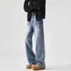 Jeans azul American high street cleanfit com rachaduras de raio desgastadas, lavagem vintage para homens, jeans de perna reta moderno