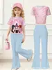 Conjunto de duas peças estilo rua para menina grande com estampa fofa, top de manga curta estilo coreano em desenho animado de seda de leite e calça boca de sino