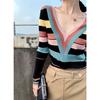 Suéter de Tricô com Decote V Color Block Moda Hong Kong e Americana para Mulheres, Nova Moda Outono 2020 Suéter de Lã Manga Longa Slim Fit