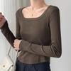TikTok Popular de Internet Primavera y Otoño Cuello Cuadrado Combinable Camiseta Base Camiseta de Manga Larga Negra para Mujer Otoño e Invierno Camiseta para Mujer
