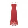 Nova Coleção Primavera 2025 Roupas Femininas Estilo Francês Retrô Sexy Estampa de Bolinhas Polares Borda de Madeira Slim-Fit Vestido de Alça Longo