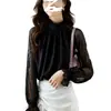 Blusa de gasa negra para mujer con un elegante cuello mao, blusa de malla, top estilo vintage de Hong Kong para primavera/otoño 2026