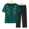 Camisa, conjunto de verano bordado para mujeres de mediana edad y mayores, conjunto de verano de dos piezas de manga corta para abuelas y madres