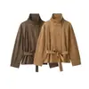 Ropa de mujer de comercio exterior europeo y americano ZA transfronteriza, popular en AliExpress, chaqueta de gamuza de un solo pecho con cinturón y cuello alto vintage