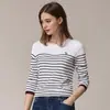 Camiseta Feminina Casual de Algodão Puro com Listras, Manga Longa, Gola Redonda, Roupas de Trabalho, Popular no Outono e Inverno, Personalizada, Transfronteiriça