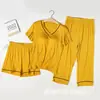 Conjunto de Roupa de Casa de Manga Curta Novo Estilo com Bojos, Calças 3/4, Calças 7/8, Pijama Feminino