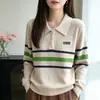 Suéter de Punto Rayado Retro Otoño para Mujer con Cuello Polo Bloque de Color Manga Larga Holgado Adelgazante Suéter Base de Punto