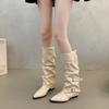 Botas de Cano Alto de Salto Grosso Retrô Botas de Bico Fino Botas Femininas 2025 Novo Outono e Inverno Botas Pretas de Pelúcia Botas Longas de Montaria
