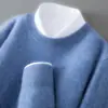 Suéter 100% caxemira pura para outono e inverno para homens, gola redonda, corte solto, malha simples business casual, camada base, suéter quente