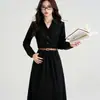 Vestido Negro de Manga Larga con Botones y Cuello de Camisa Estilo Universitario Otoñal para Mujer, Falda Larga de Corte A con Cintura Entallada, Transfronterizo