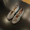 Zapatos de malla transpirables estilo francés con pedrería, de tacón bajo para mujer, nuevo modelo de verano, lujo ligero con sensación de alta gama, suela suave con aumento interno de altura, zapatos Mary Jane