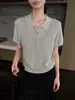 Suéter de Punto Calado con Media Cremallera y Cuello de Solapa Estilo Old Money para Mujer, Top Transpirable de Manga Corta para el Verano, Ideal para Viajar