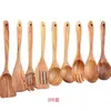 Espátula Pequeña de Madera de Acacia, Espátula de Madera para Sartén Antiadherente, Cuchara Sopera de Madera con Mango Largo, Cuchara Pequeña de Madera para Arroz, Juego de Espumadera para Fideos de Madera de Teca