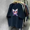 Camiseta de Manga Corta 100% Algodón Puro para Verano, Elegante y Personalizada, con Lindo Estampado de Gato de Dibujos Animados, Top Chic Adelgazante para Usar por Encima
