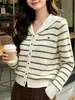 Cardigan com gola marinha feminino outono e inverno novo estilo universitário lapela cor contrastante casual temperamento listrado malha manga longa cardigan feminino